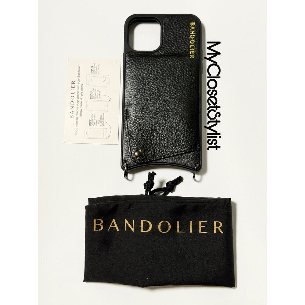 Bandolier 11Pro Black Leather iPhone Crossbody Strap Case NEW SET Gold OR Pewter - Picture 8 of 12